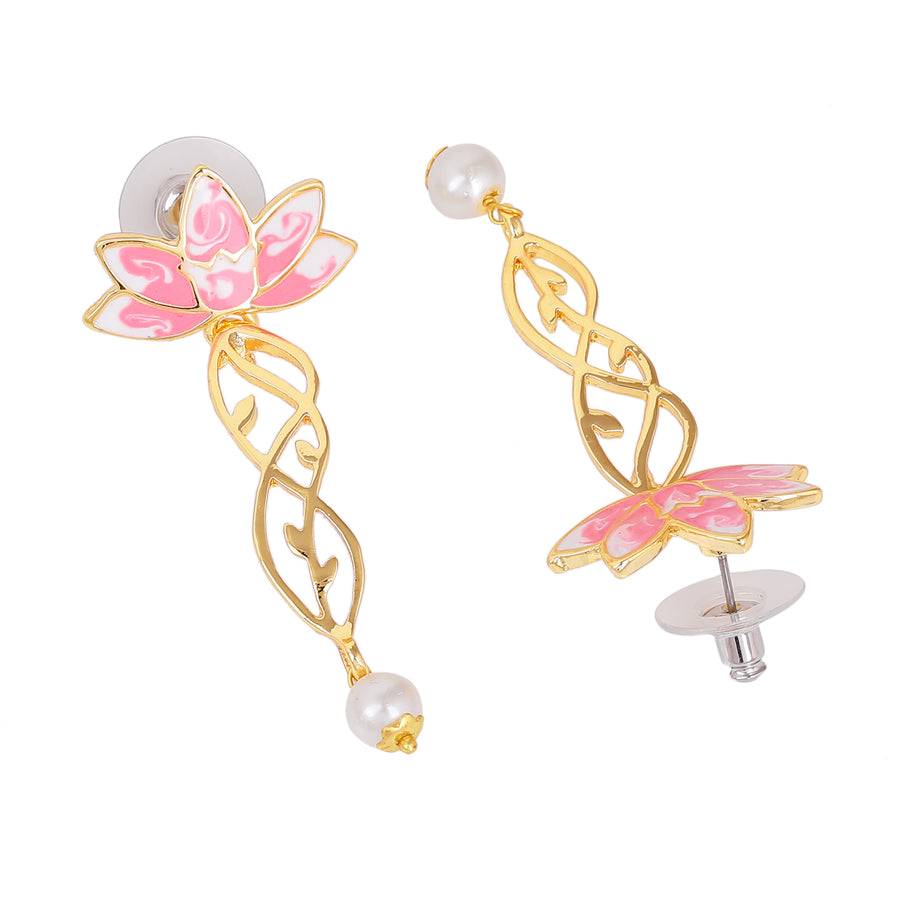 Estele Gold Plated Lotus Flower & Leaf Shaped Pearl Drop Earrings With Pink Enamel For Girl'S & Women : 10197-IGER