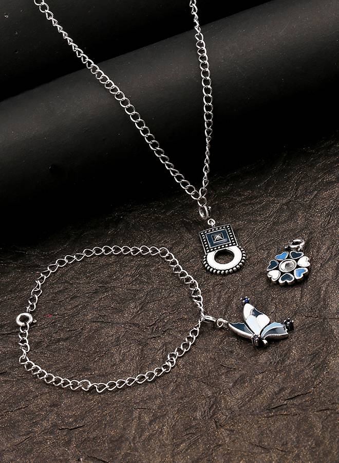 Charms Oxidized Silver Pendant Bracelet With Chains : 8905124141108