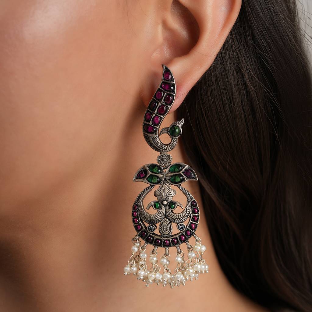 Peacock Chaandbaali Silver Earrings For Women : SSE846