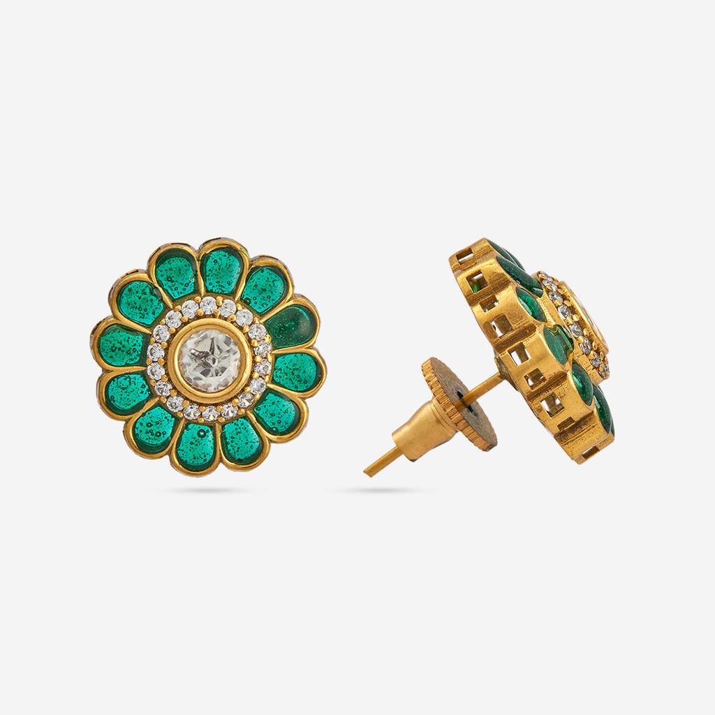 Green Plated Ethnic Kundan Studs-442176 : 442176