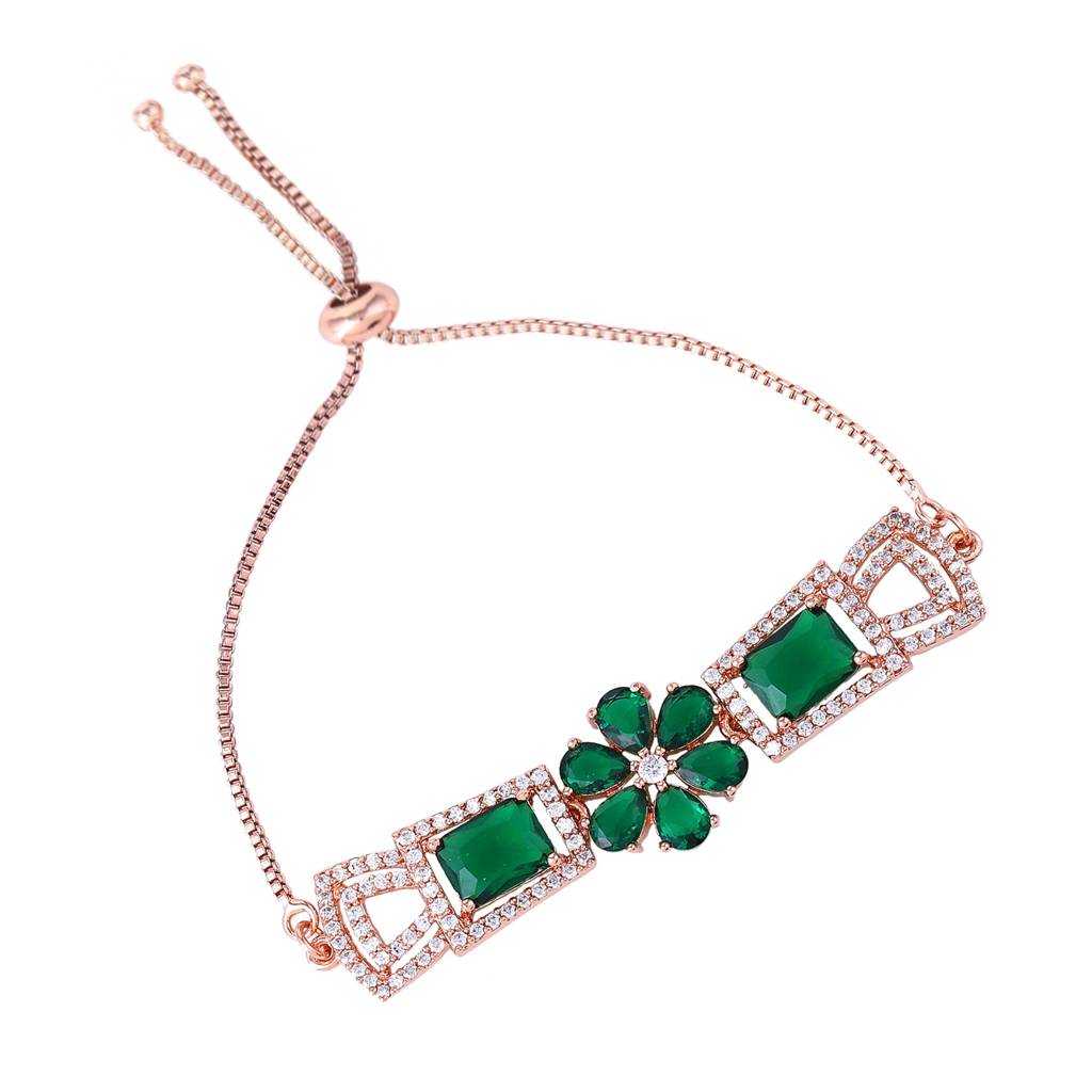 Estele Rosegold Plated Stylish Floral Designer Adjustable Charm Bracelet With Shiny Green American Diamonds Fo : AD-068-RGGNBR