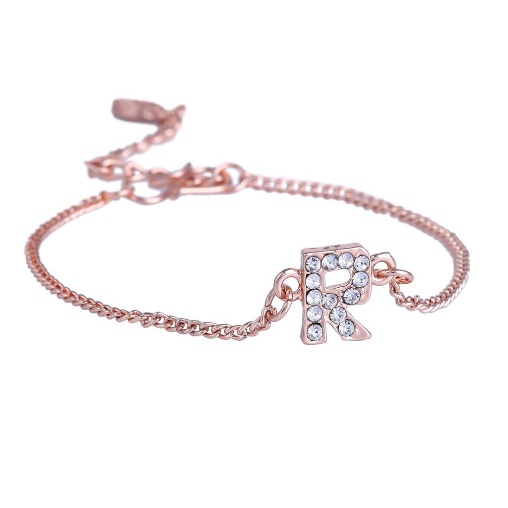 Estele Rosegold Plated Captivating Medium 'R' Letter Bracelet With Crystals For Women : 102178-RG-RBR