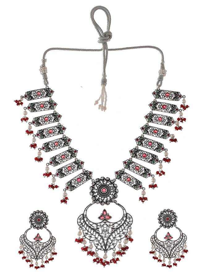 Abharan White And Red Stones And Pearls Opulent Jewellery Set : 8905124493801