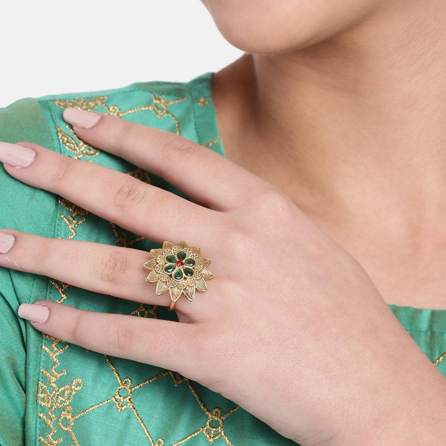 Estele Gold Plated Flower Designer Matte Finish Finger Ring With Multi-Color Crystals For Women. : AD-148-IGGNRBRING