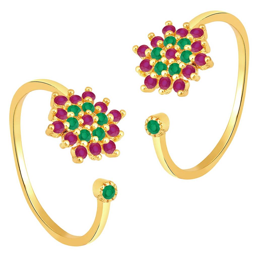 Gold Plated Rani Pink Green Cubic Zirconia Studded Stylish Toe Ring Adjustable Bichiya Fashion Jewellery Gift Fo : PF30TR18RPG