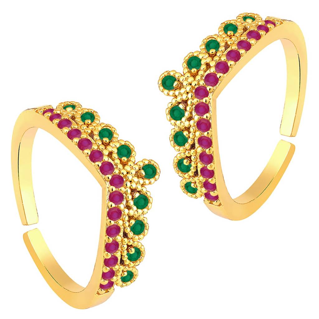 Rani Pink Green Cubic Zirconia Studded Fancy Toe Ring Adjustable Gold Plated Bichiya Fashion Jewellery For Women : PF30TR15RPG