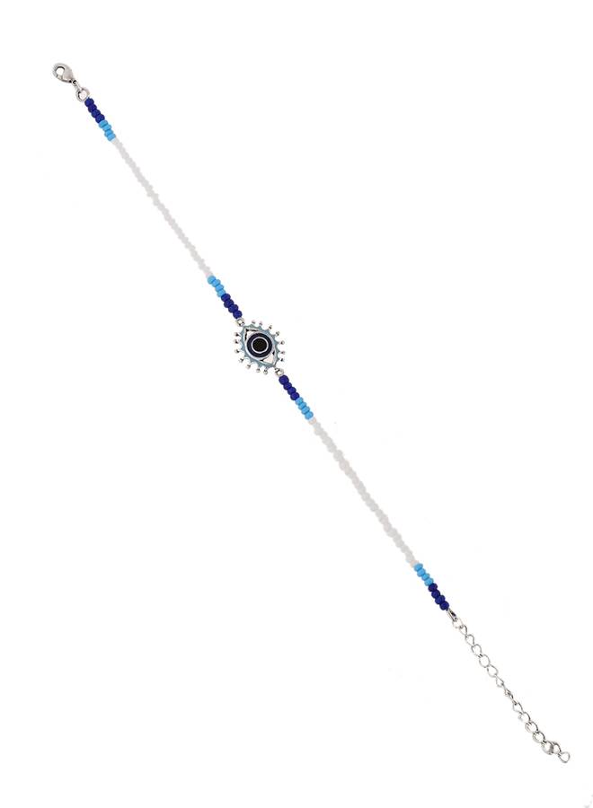 Evil Eye Silver Oxidized Motif With Blue-White Beads Chain Anklet : 8905124479201