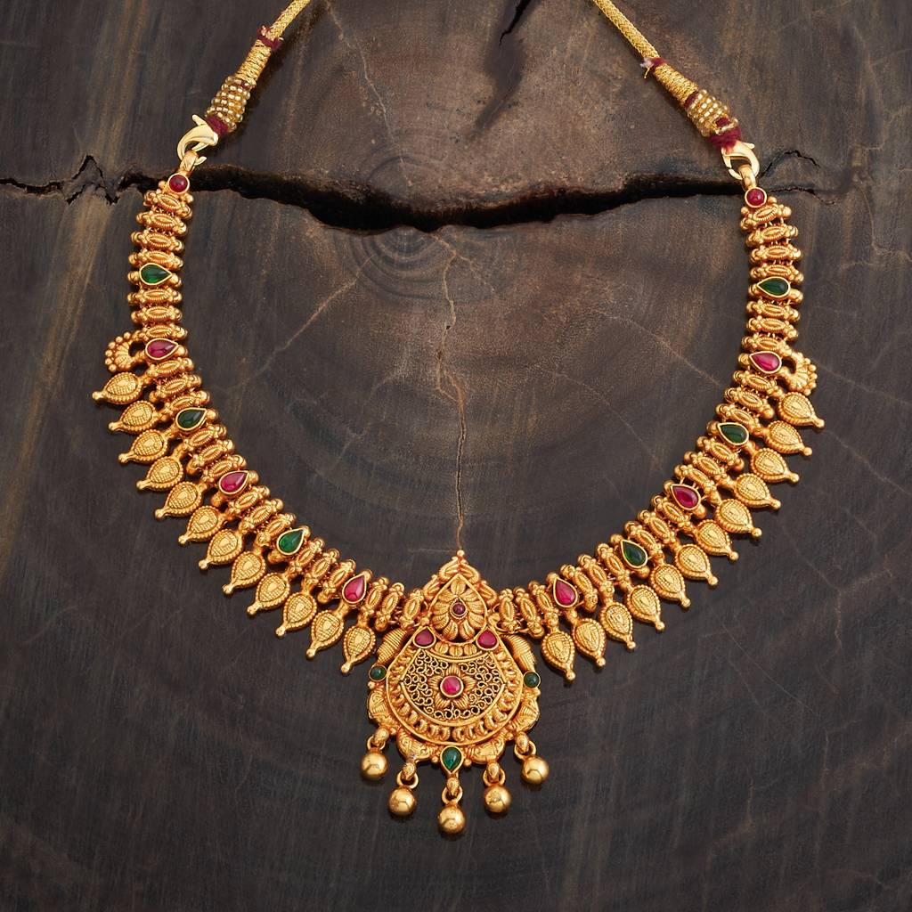 Kushal'S Fashion Jewellery Ruby-Green Gold-Plated Ethnic 92.5 Pure Silver Temple Necklace-177342 : 425266