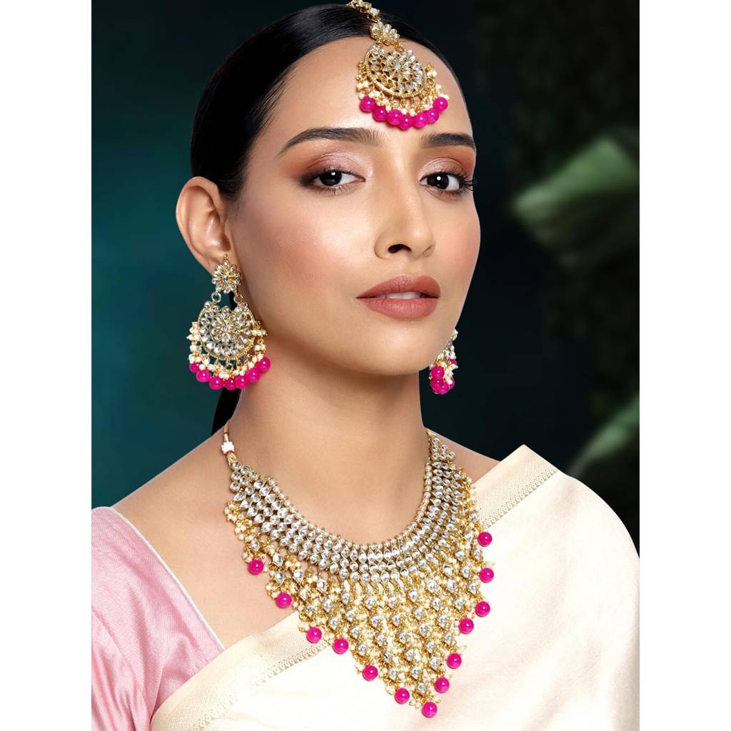 Traditional Kundan & Pearl Drop Bridal Dulhan Necklace Earring With Maang Tikka Jewellery Set For Women Girls-Pf : PF25N1177RP