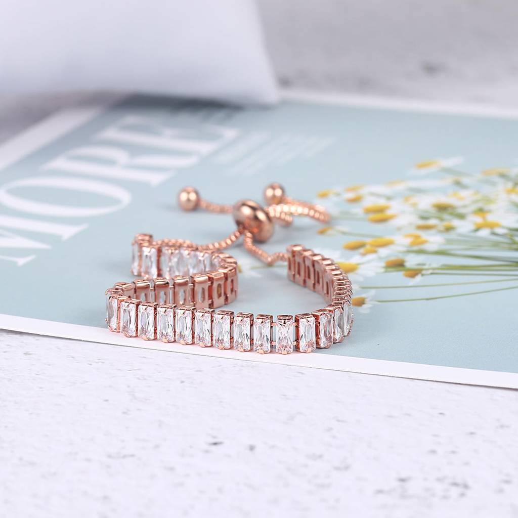 Rose Gold Plated Baguette Stone Studded Adjustable Tennis Bracelet Stylish Fashion Jewellery For Women & Girls-Px8B : PX8B80CW