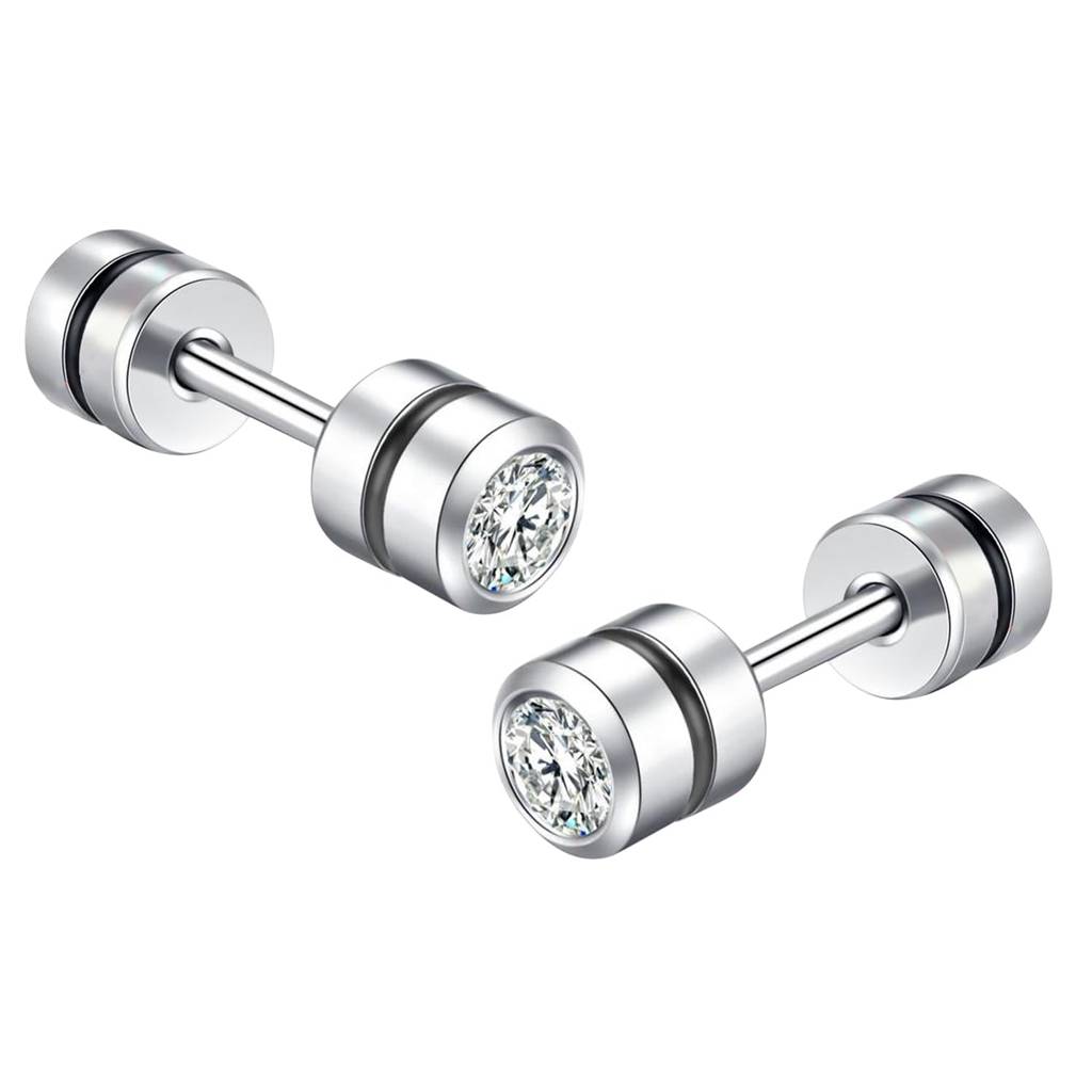 Silver Plated 316L Stainless Steel Cubic Zirconia Studded Stud Earrings Jewellery Gift For Boys & Men (1 Pair) : PX9ME46