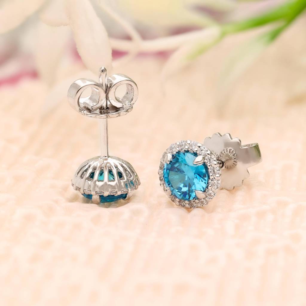 Aqua Blue Oval Halo Stud Earrings In 925 Silver : SE_000536
