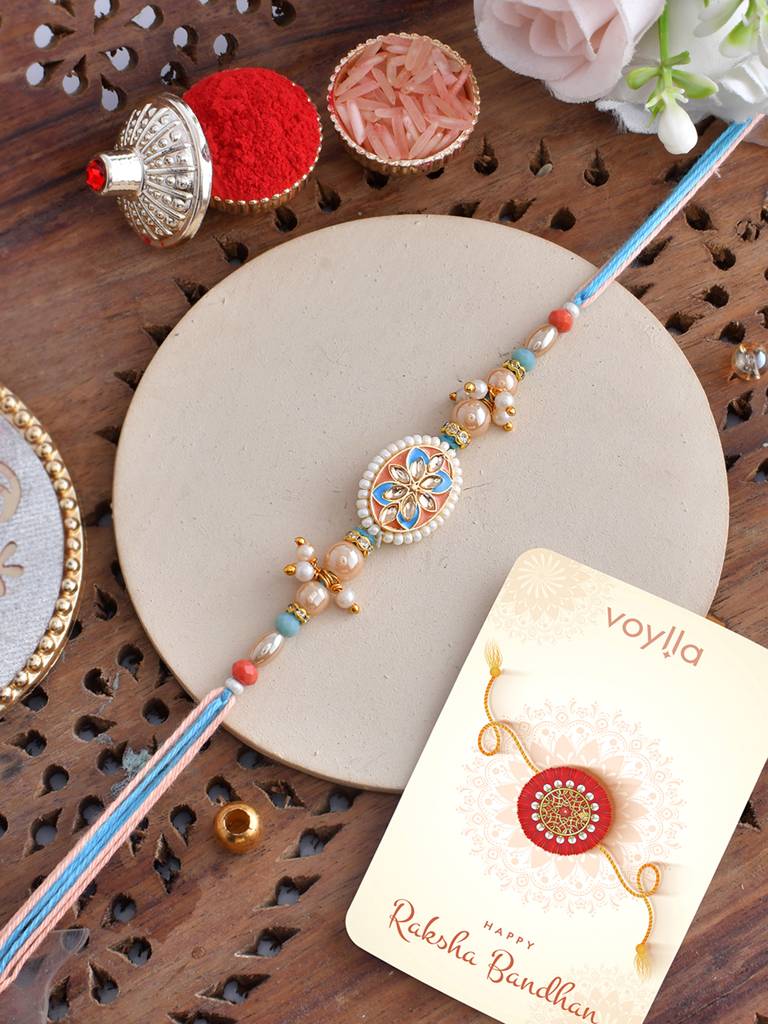 Men'S Colourful Thread Traditional Design White Pearls Rakhi For Brother : 8905124524352