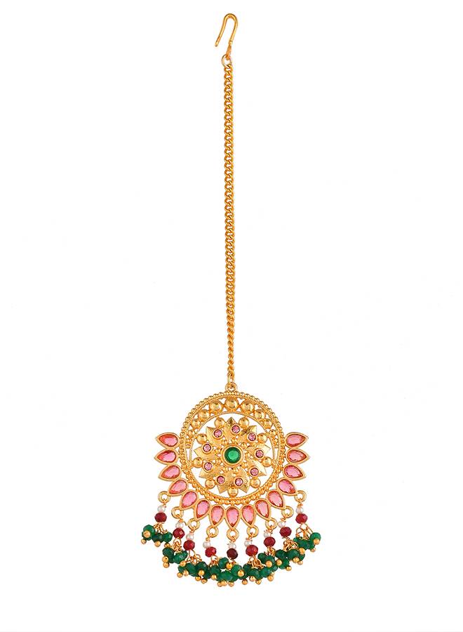 Abharan Red And Green Stones And Pearls Opulent Jewellery Set : 8905124494495