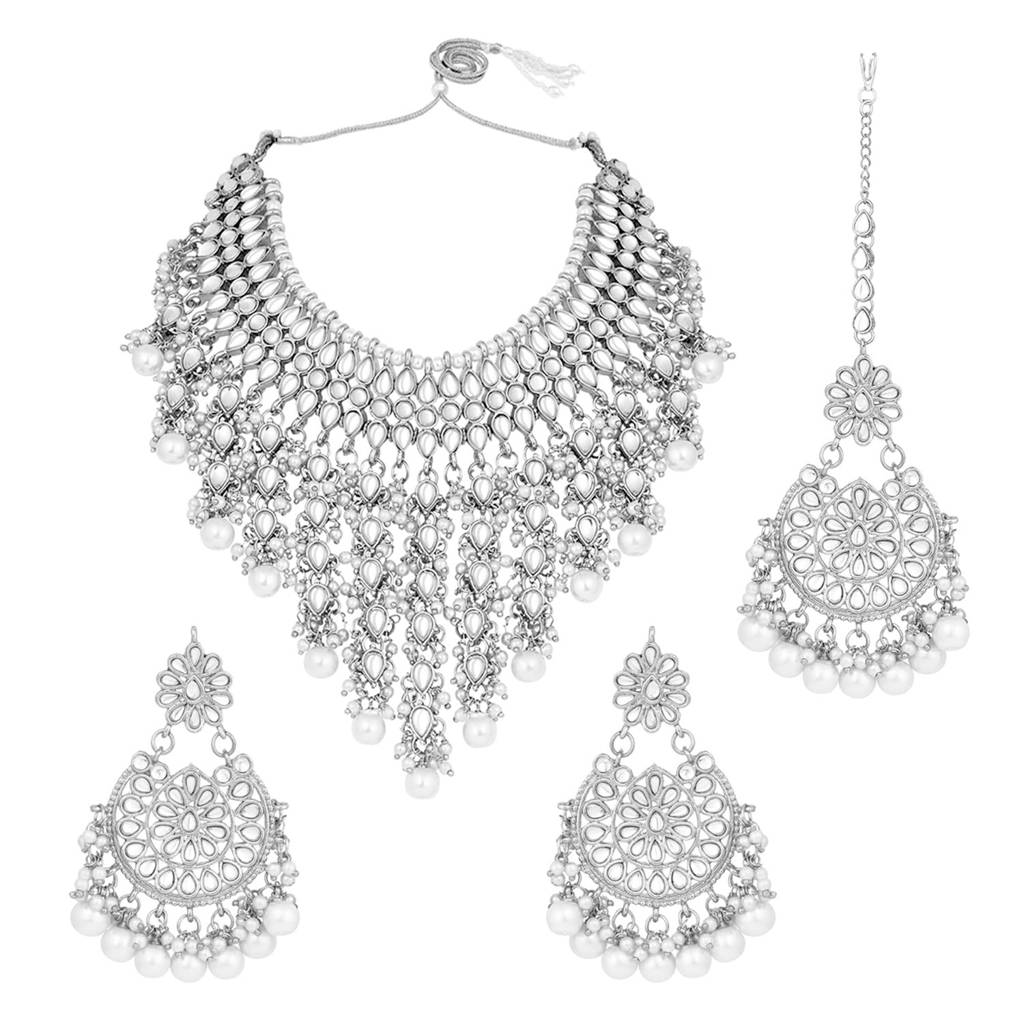Traditional Kundan & Pearl Drop Bridal Dulhan Necklace Earring With Maang Tikka Jewellery Set For Women Girls-Pf : PF25N1177RW