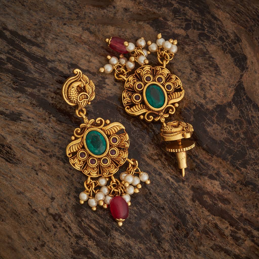 Kushal'S Fashion Jewellery Ruby-Green Gold-Plated Ethnic Antique Drop Earrings-182577 : 435947