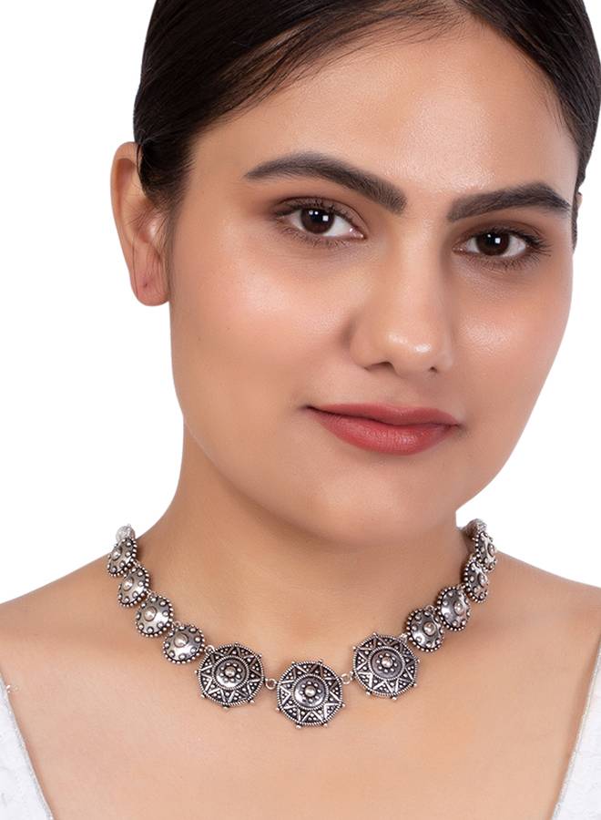 Rava Ball Brass Silver Oxidized Statement Necklace : 8905124136388