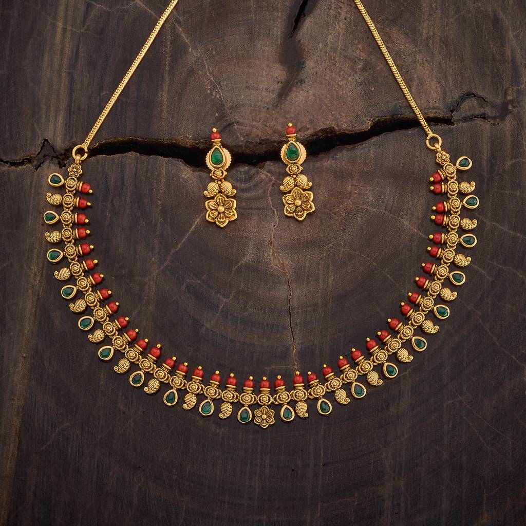 Kushal'S Fashion Jewellery Green Gold-Plated Ethnic Antique Jewellery Set-182757 : 436301