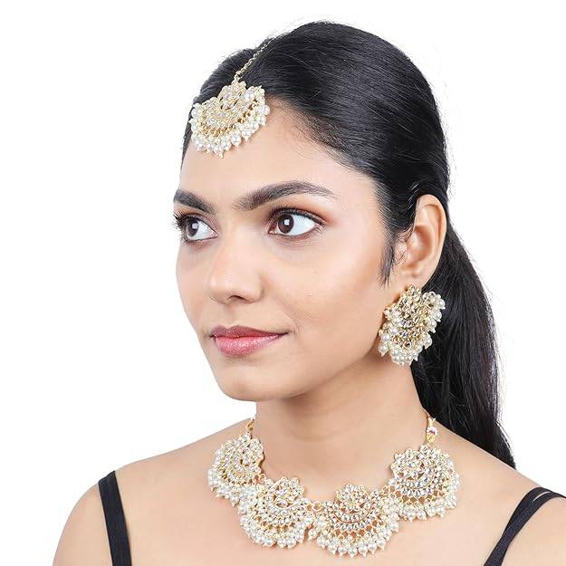 Estele Gold Plated Gorgeous White Pearl Choker Gehena Necklace Set & Maang Tikka For Women : PJ-035-IGWENKERTK