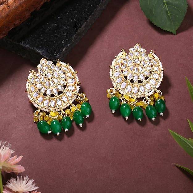 Estele Gold Plated Beautiful Gehena Drop Earrings With Yellow & Green Beads For Women : PJ-010-IGYLGNER