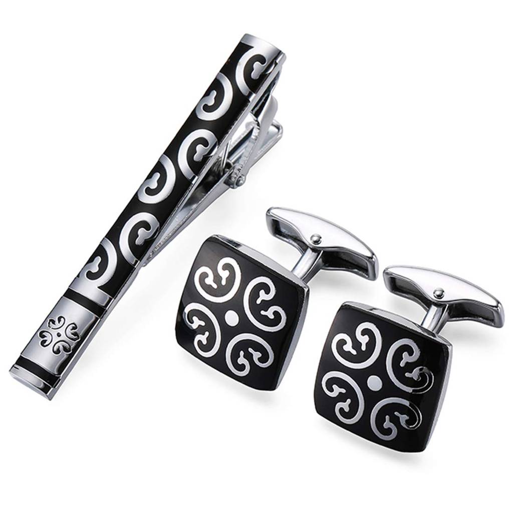 Black Silver Decorative Combo Tie Pin And Cufflinks Set For Men Boys Wedding Business Gift : PX9TCL01