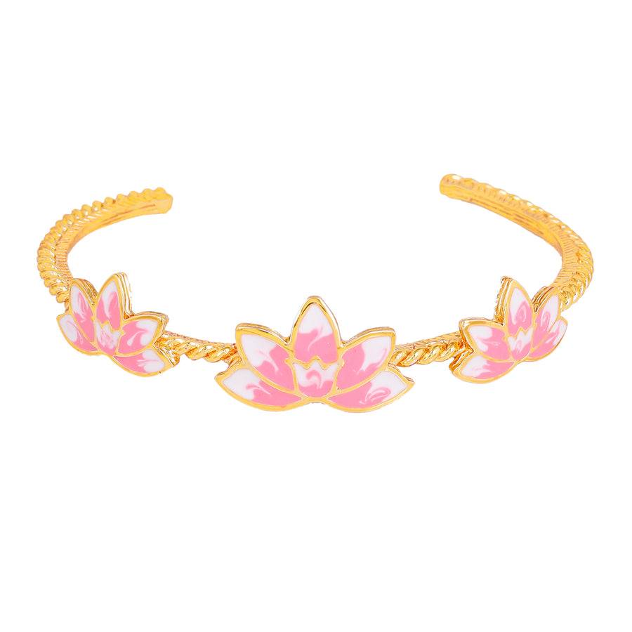 Estele Gold Plated Pink Enamel Lotus Designer Charming Cuff Bracelet For Girl'S & Women : AD-061-IGBR