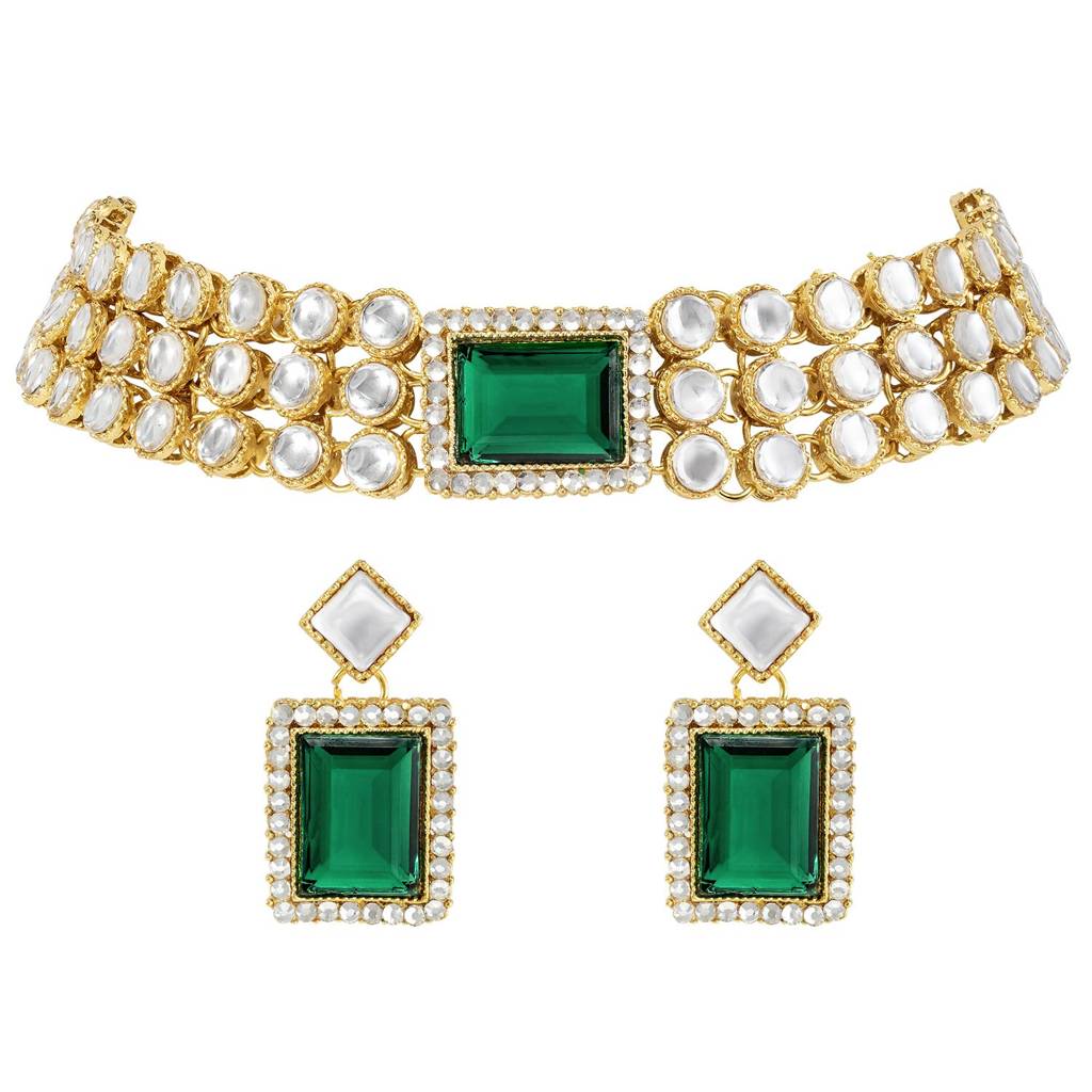 Gold Plated Kundan/Crystal Choker Necklace Earring Indian Traditional Jewellery Set For Women-Pf24N37 : PF24N37G