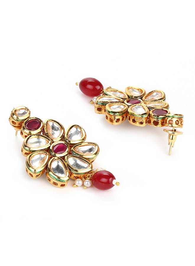 Kundan Gold Plated Necklace Set With Red Stones And Beads : 8905124437942