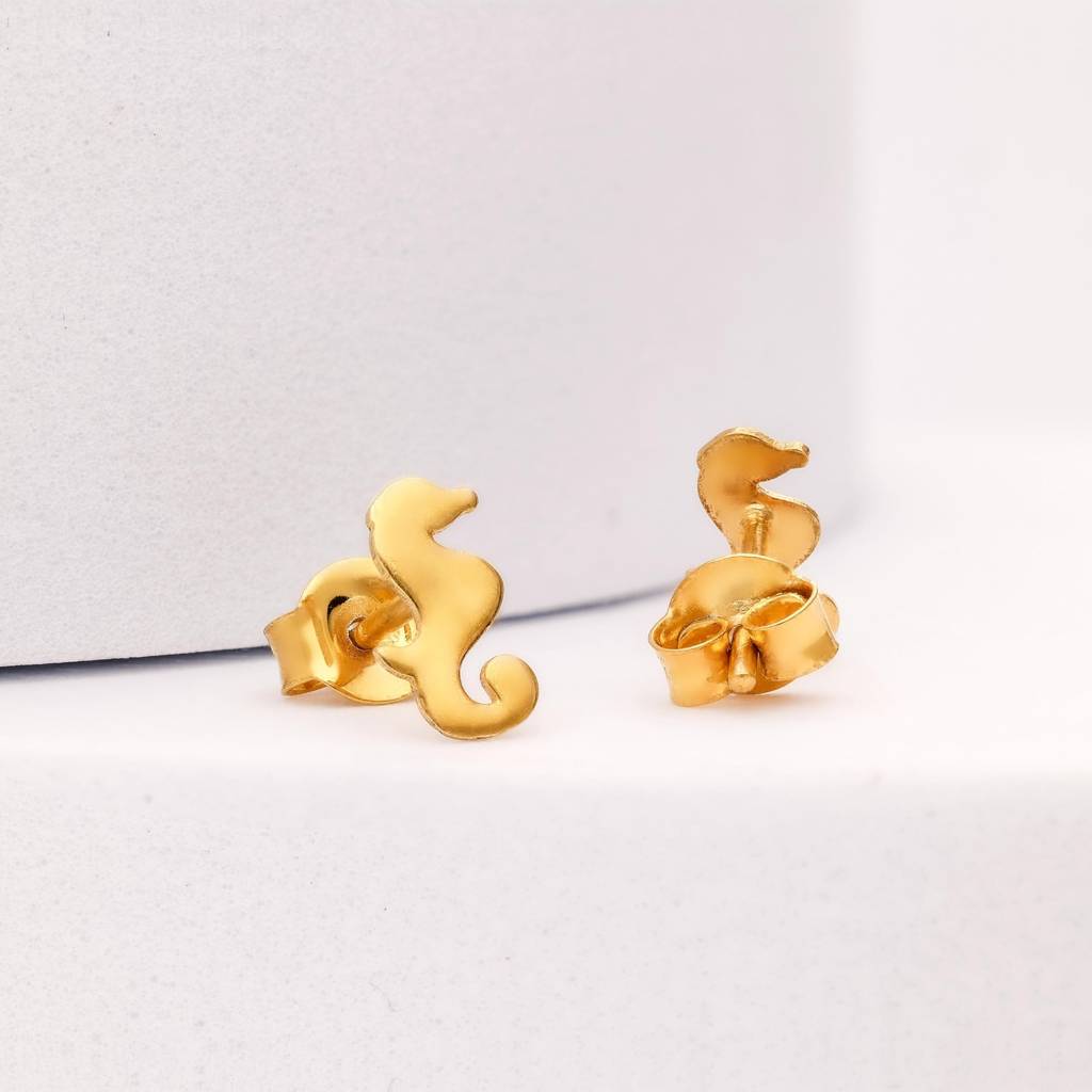 925 Silver Seahorse Stud Earrings Â Cute Ocean Theme Yellow Gold Finish Jewelry : SE_000643