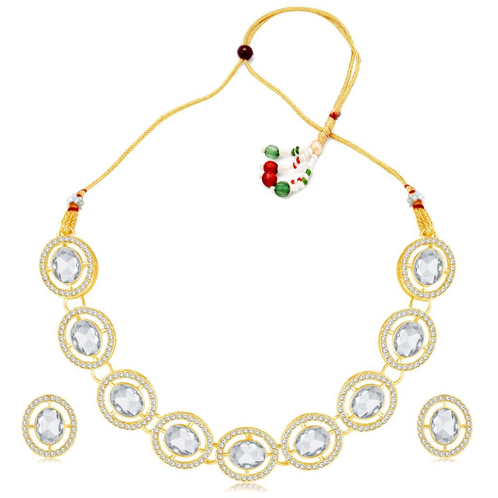 Gold Plated Synthetic Stone Studded Fancy Choker Necklace & Stud Earrings Fashion Jewellery Set Gift For Women & G : PF09N386W
