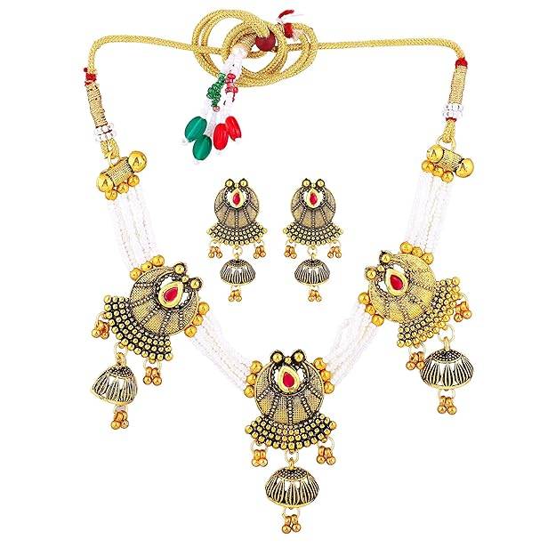 Estele Gold Plated Conventional Antique Gehena Choker Necklace Set With Pearls For Women : PJ-047-IGRBNKER