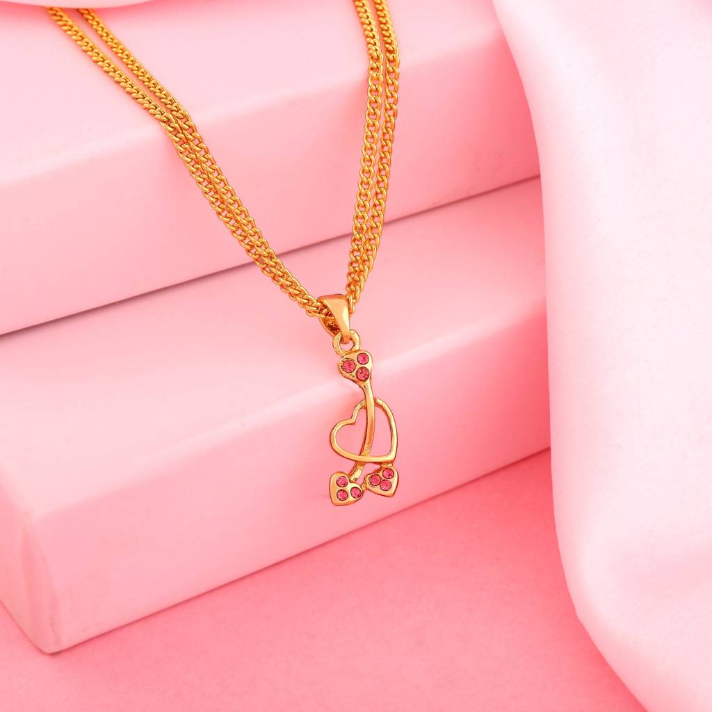 Estele Gold Plated Heart-Shaped Charm Pendant With Pink Austrian Crystals For Girl & Women : 383PENDANT