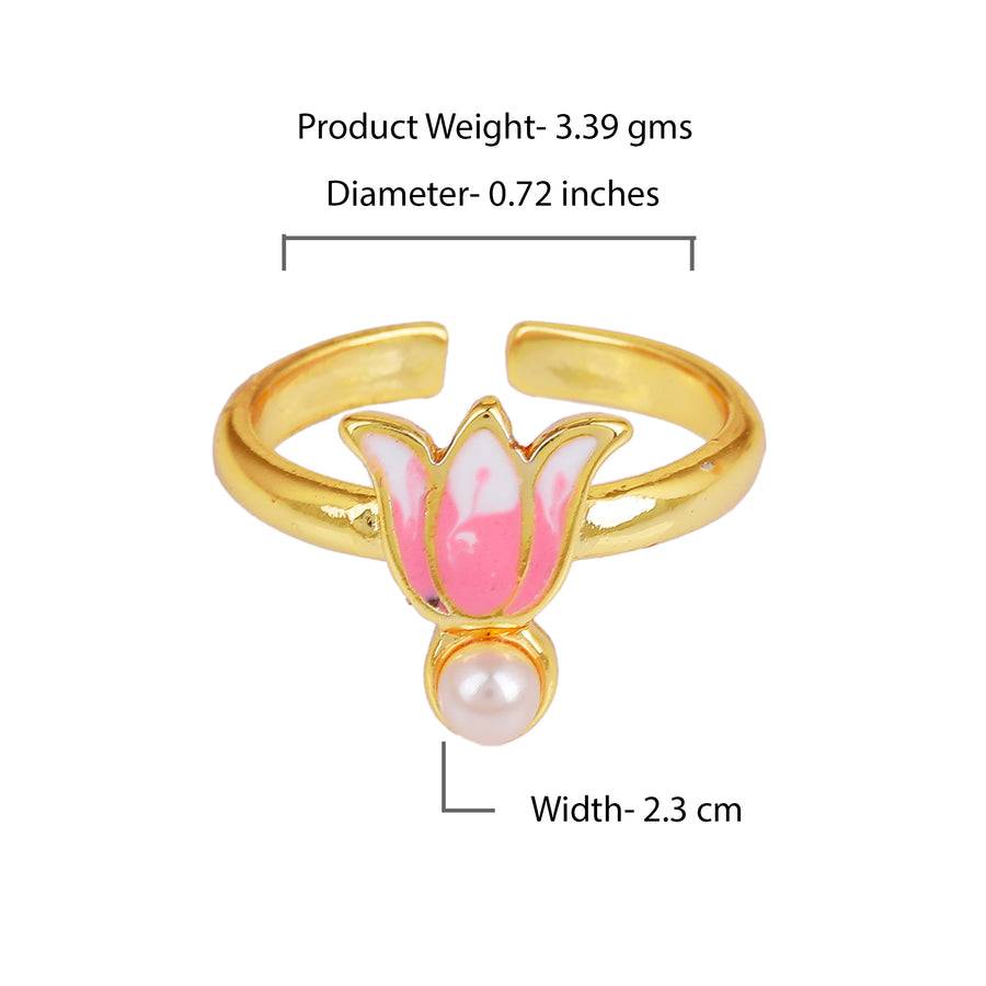 Estele Gold Plated Pink Enamel Lotus Designer Stylish Adjustable Finger Ring With Pearl For Girl'S & Women : AD-140-IGRING