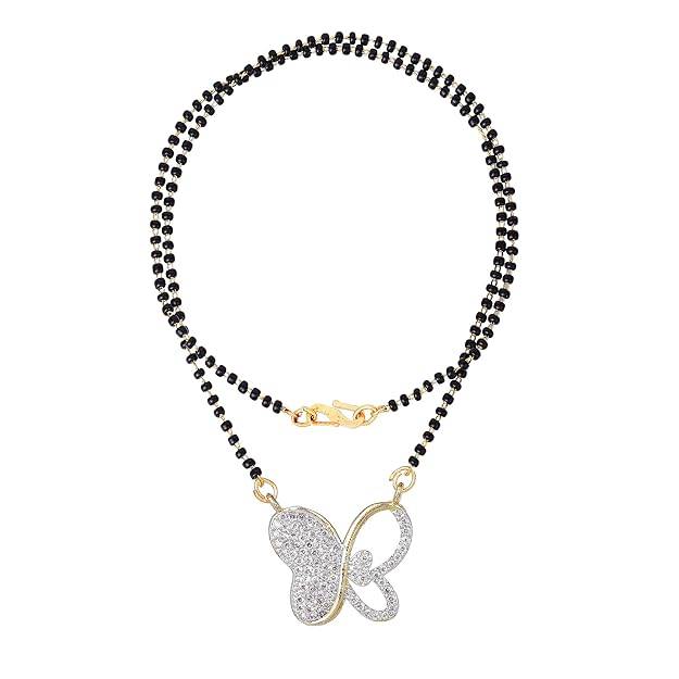 Gold & Rhodium Plated Chic & Dazzling Butterfly Pendant Mangalsutra Chain With Black Beads & White Crysta : OSAKMS012-2TNWENK