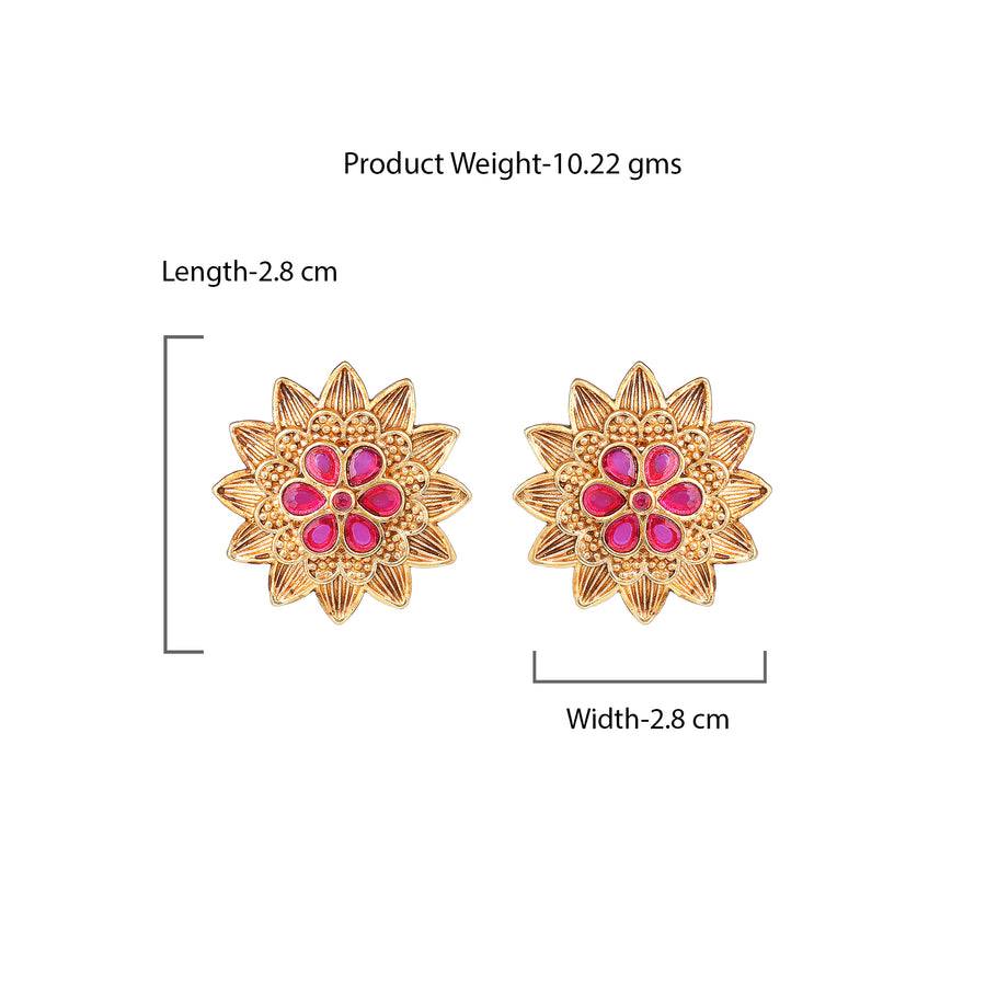Estele Gold Plated Flower Designer Matte Finish Stud Earrings With Ruby Crystals For Women : AD-116712-IGRBER