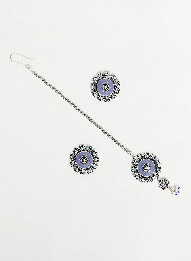 Arabian Nights Floral Motifs Faux Pearls Brass Oxidised Plated Maang Tika Set : 8905124444537