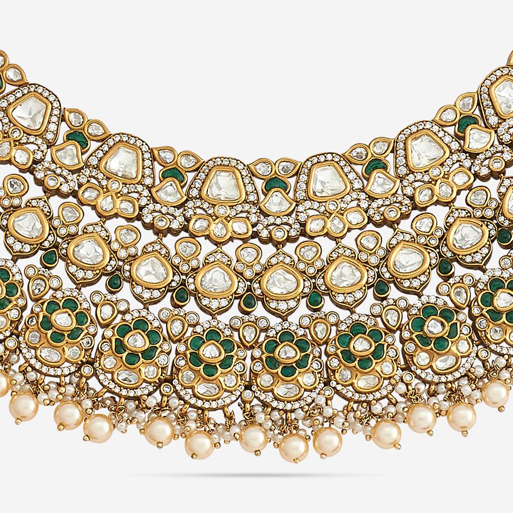 Green  Plated Ethnic Kundan Necklace Set-442155 : 442155
