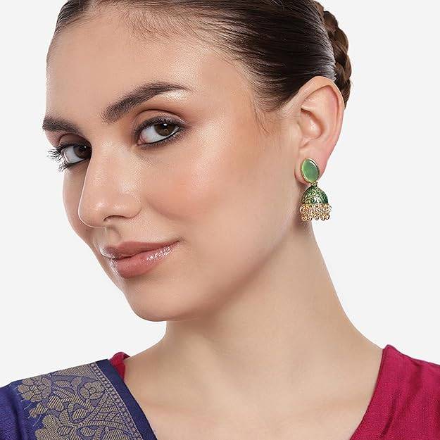 Estele Gold Plated Traditional Gehena Jhumka Earrings With Green Enamel For Women : PJ-002-IGGNER