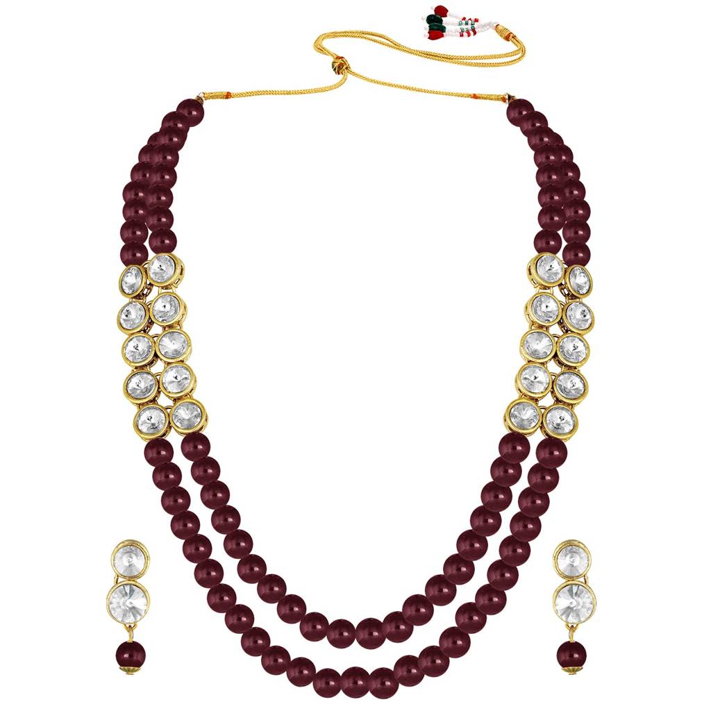 Gold Plated Crystal Pearl Long Necklace With Earring Traditional Jewellery Set For Women Girls : PF24N217M