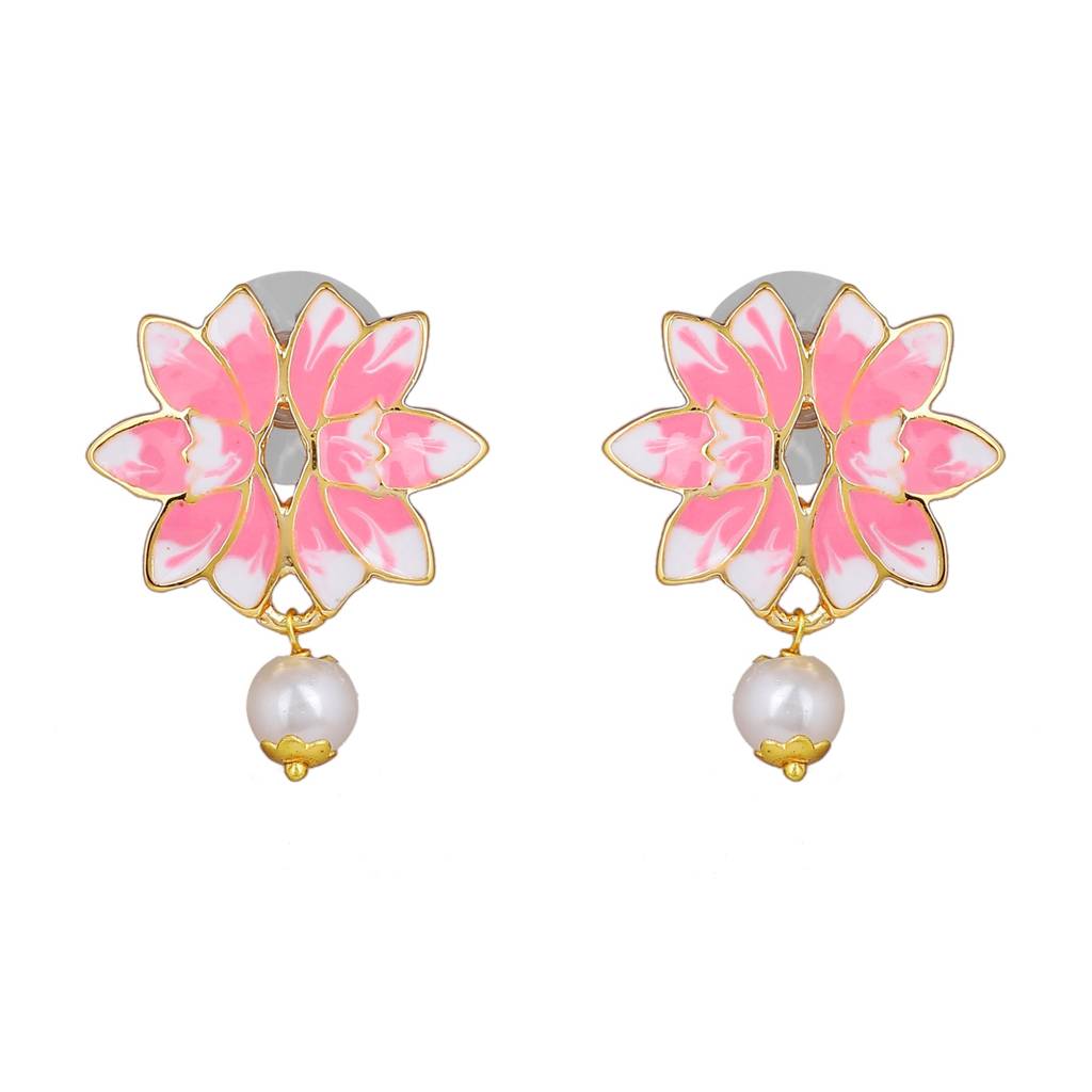 Estele Gold Plated Latest Lotus Designer Pearl Choker Necklace Set With Pink Enamel For Girl'S & Women : 10189-IGNKER
