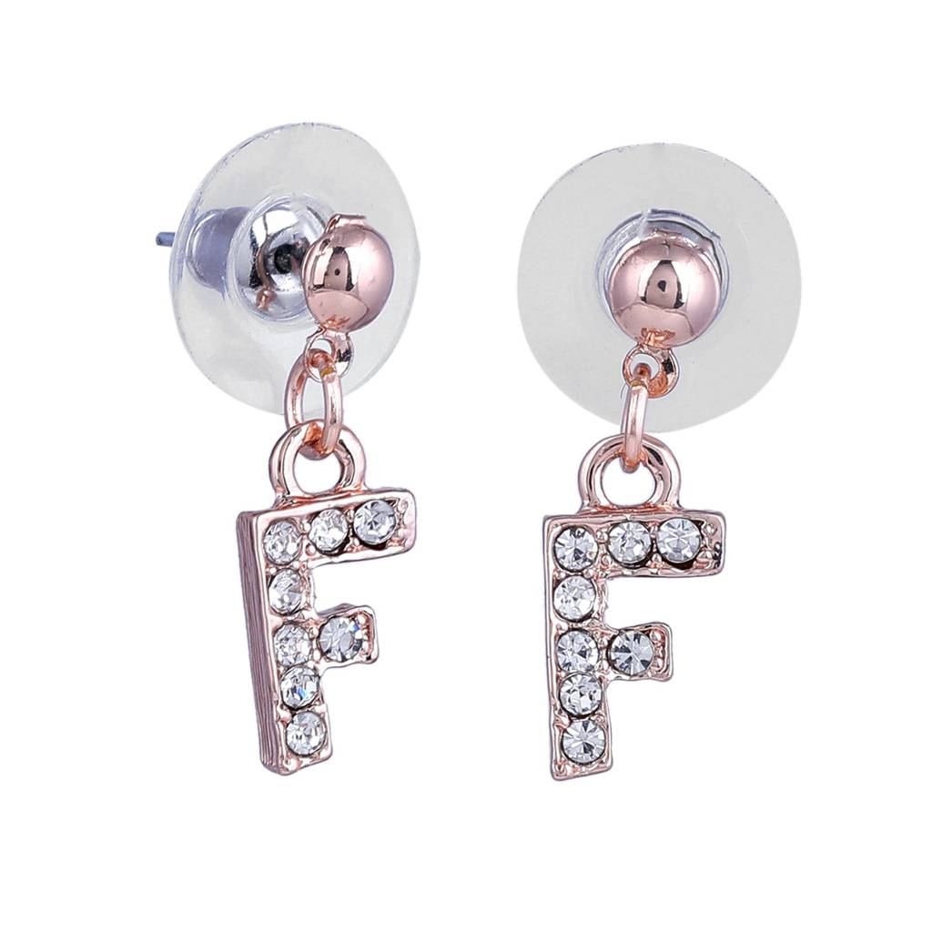 Estele Rosegold Plated Magnificent Medium 'F' Letter Earrings With Crystals For Women : 801701-RG-FER