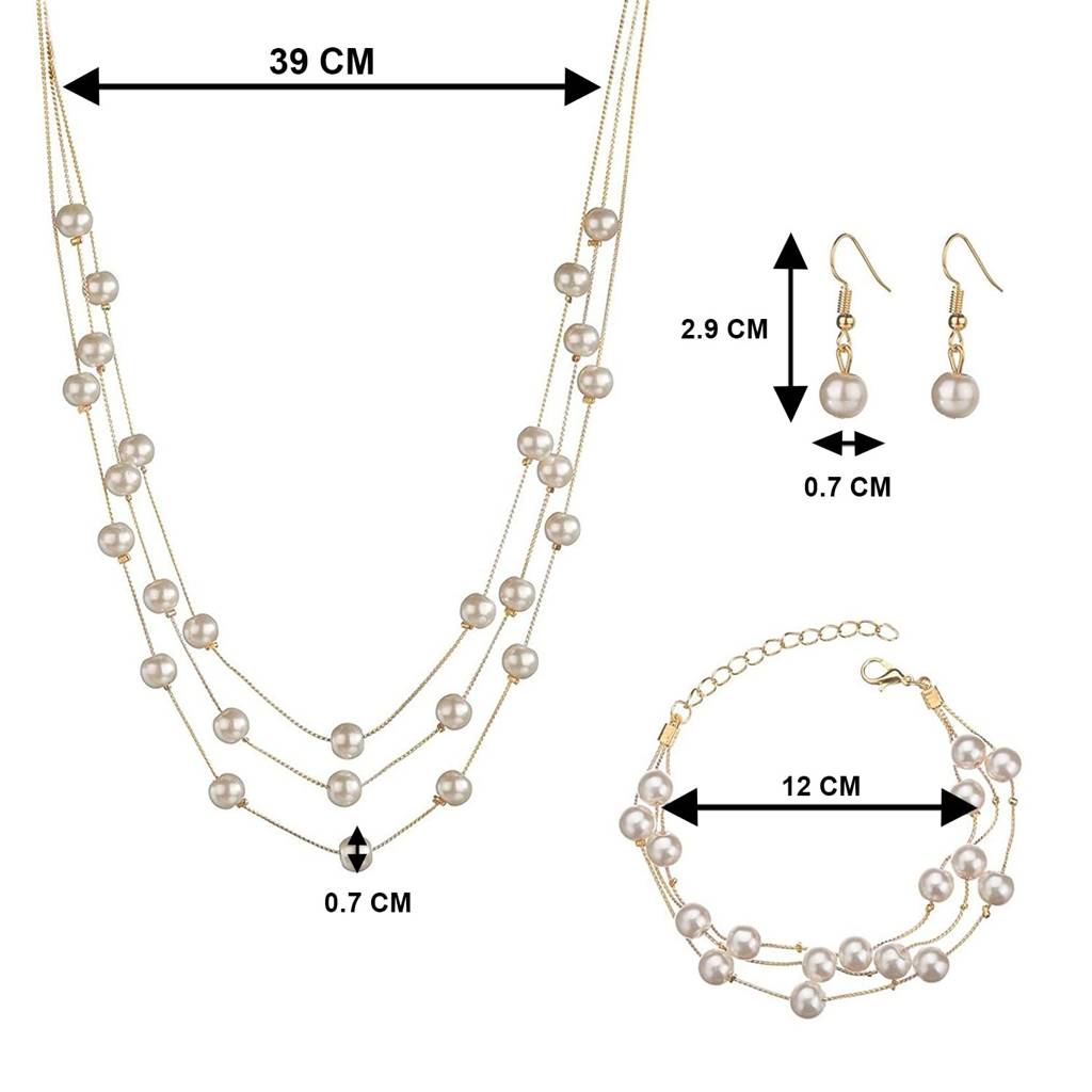 Beads Studded Gold Plated Three Layer Necklace Earrings & Bracelet Set Fashion Stylish Jewellery Gift For Women : PX9N64