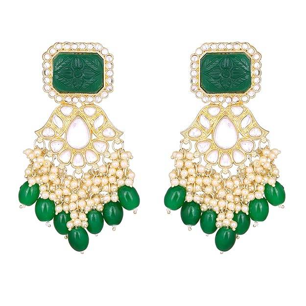 Estele Gold Plated Fashionable Gehena Drop Earrings With Green Beads For Women : PJ-013-IGGNER