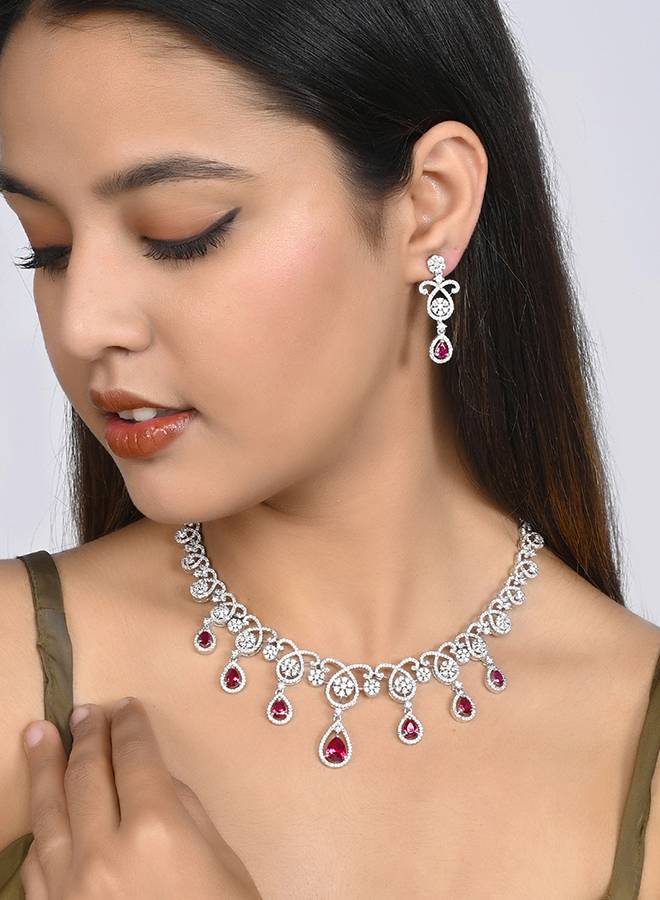 Cz Elegance Red Teardrop Cut Jewellery Set : 8905124476736