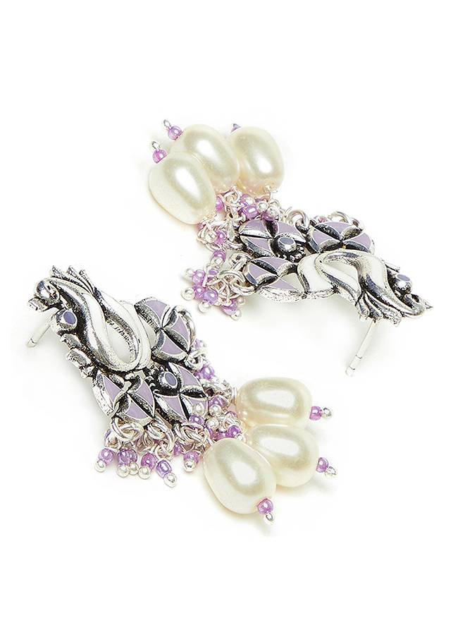 Shwet Kamal Teardrop Faux Pearls Enamelled Silver Plated Earrings : 8905124444780