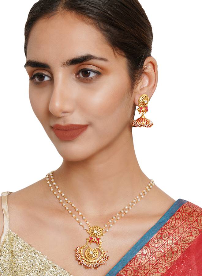 Festive Hues Cluster Setting Faux Pearls Gold Plated Brass Enamelled Jewellery Set : 8905124466454