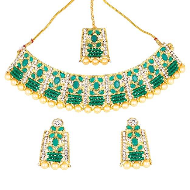 Estele Gold Plated Alluring Gehena Necklace Set & Maang Tikka With Green Stones For Women : PJ-042-IGGNNKERTK