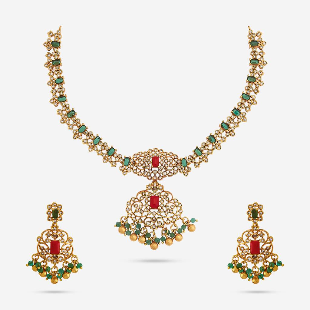 Kushal'S Fashion Jewellery Green Gold-Plated Ethnic Antique Necklace And Earring Set  -183455 : 438076