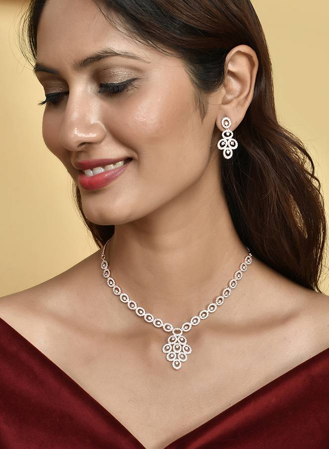 Sparkling Elegance Heavily Embellished Rose Gold Plated Jewellery Set : 8905124499797