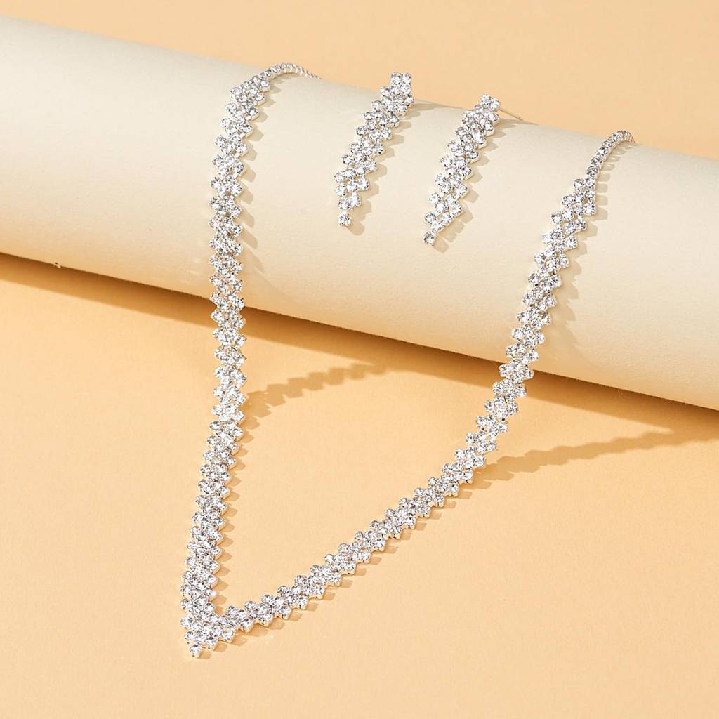 Silver Plated Cubic Zirconia Necklace And Drop Earring Set Stylish Fashion Jewellery For Women & Girls : PX9N98